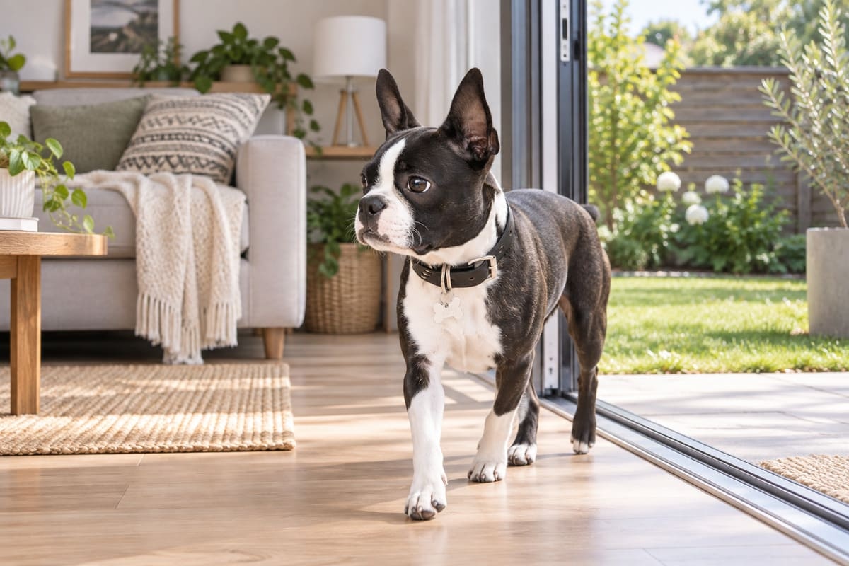 bahçeli evde yürüyen Boston terrier köpek