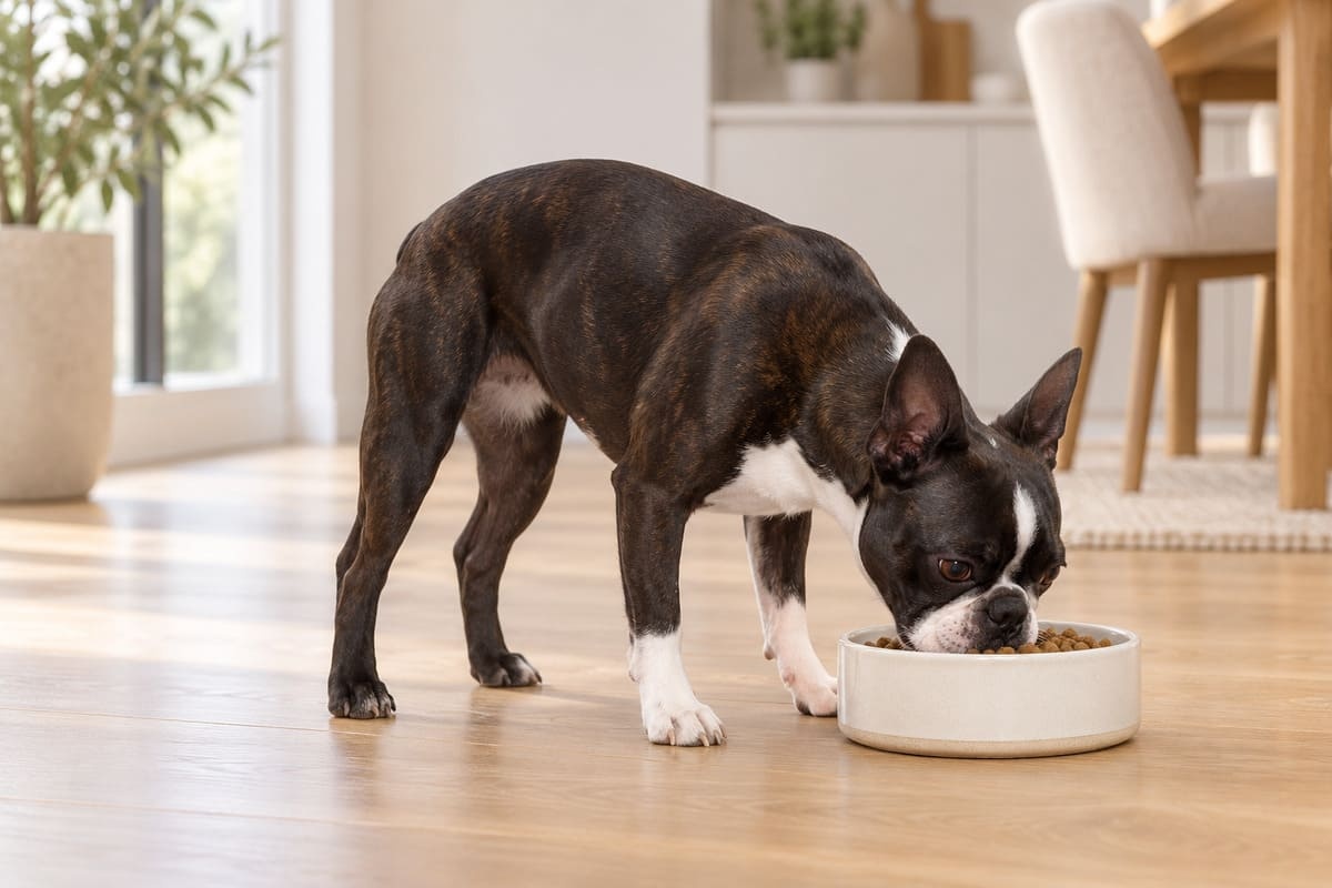 modern bir evde beyaz porselen mama kabında mama yiyen köpek