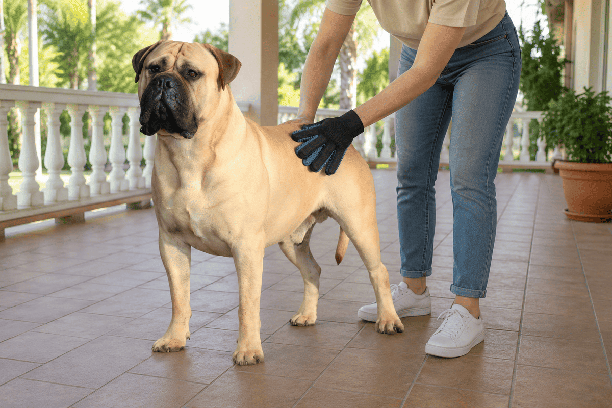 geniş verandada kauçuk eldivenle taranan büyük köpek