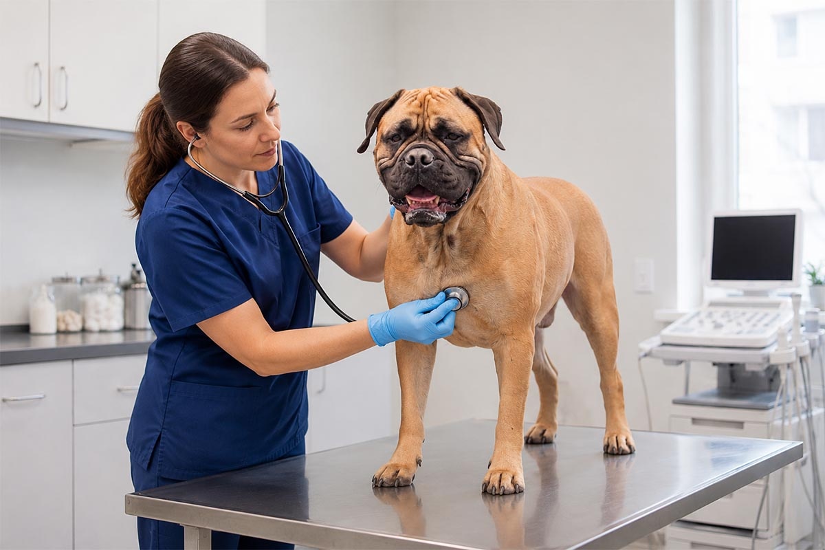 veteriner hekim muayenesinde bullmastiff köpeği