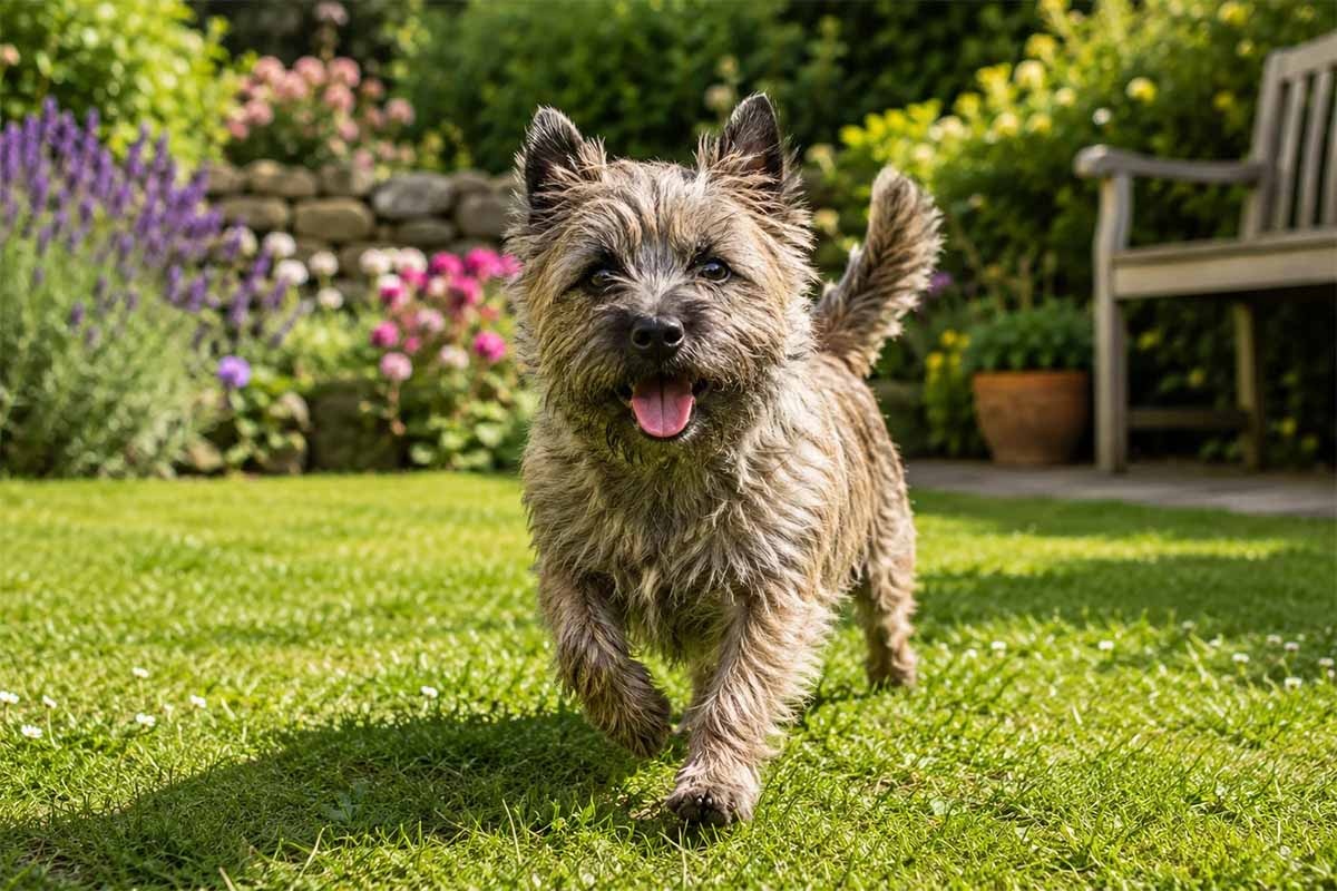 çiçekli çimli bahçede kadraja bakan cairn terrier köpeği