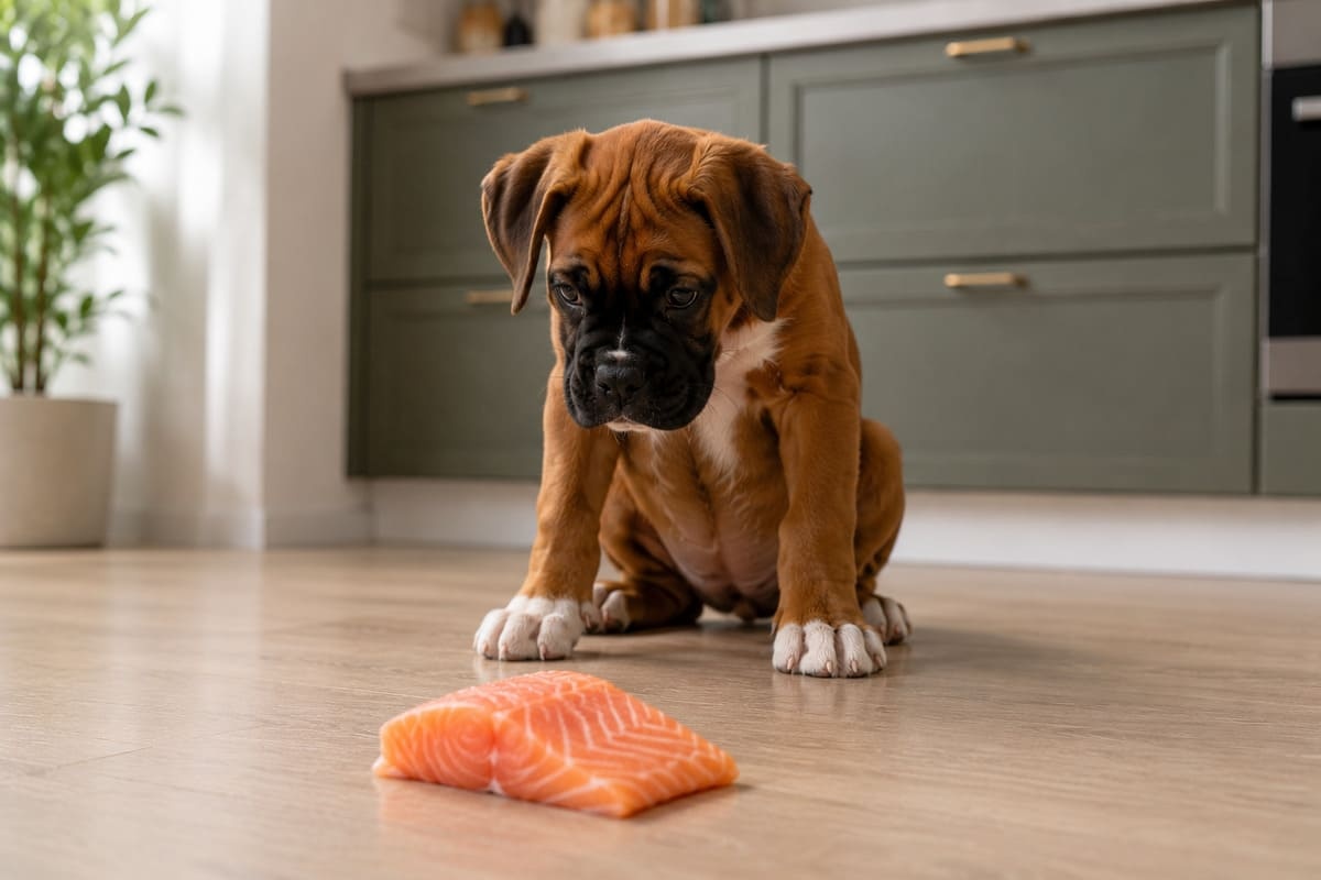 yerde duran çiğ somon balığına bakan yavru Boxer köpeği