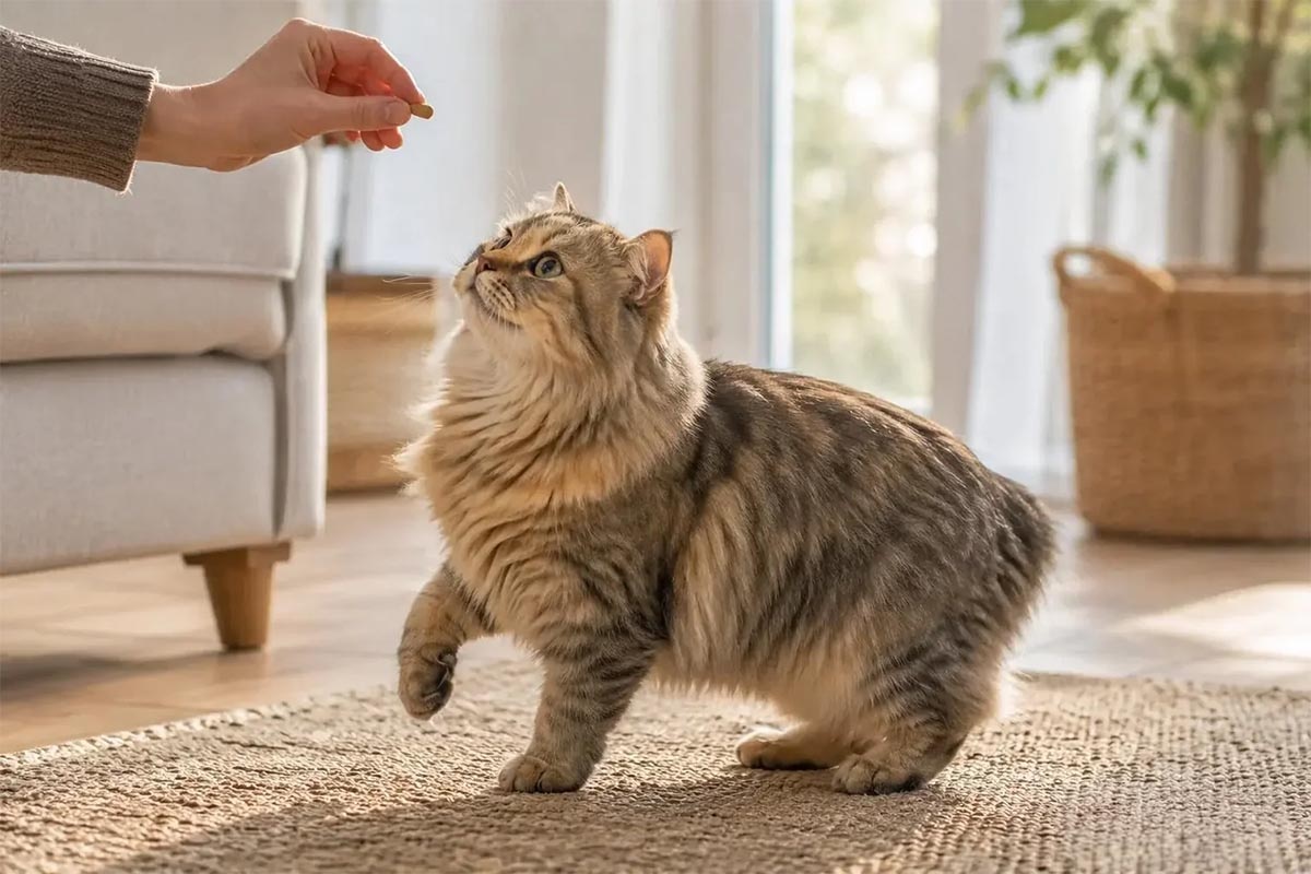 uzun tüylü kuyruksuz kedi ödül mamasına bakıyor