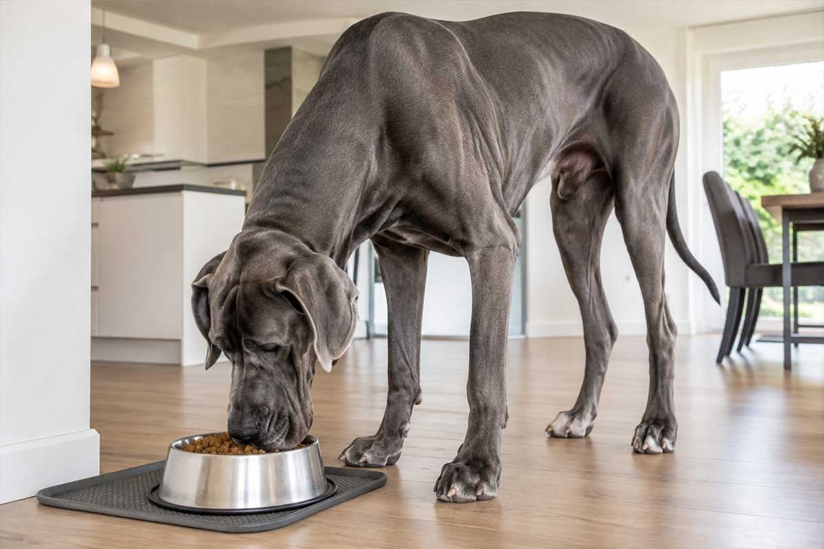 çelik mama kabından mama yiyen gri büyük Danua köpeği