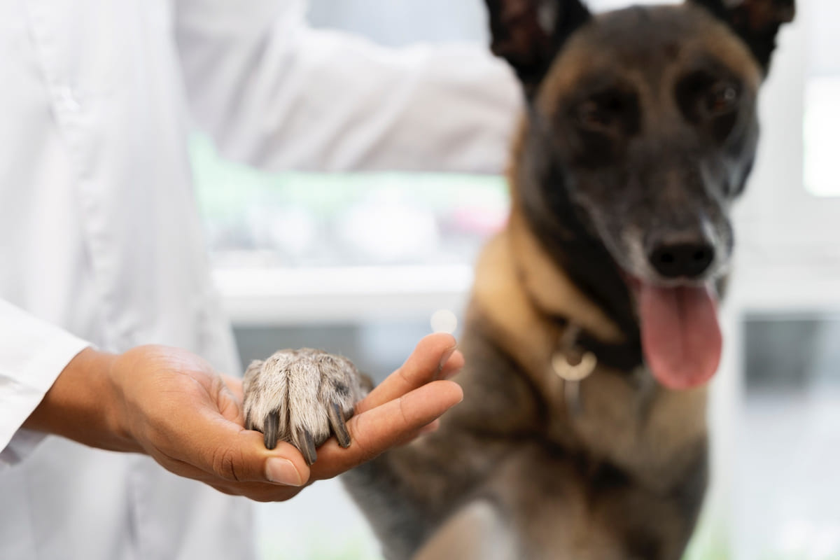 köpek patisini beyaz önlüklü birine uzatmış