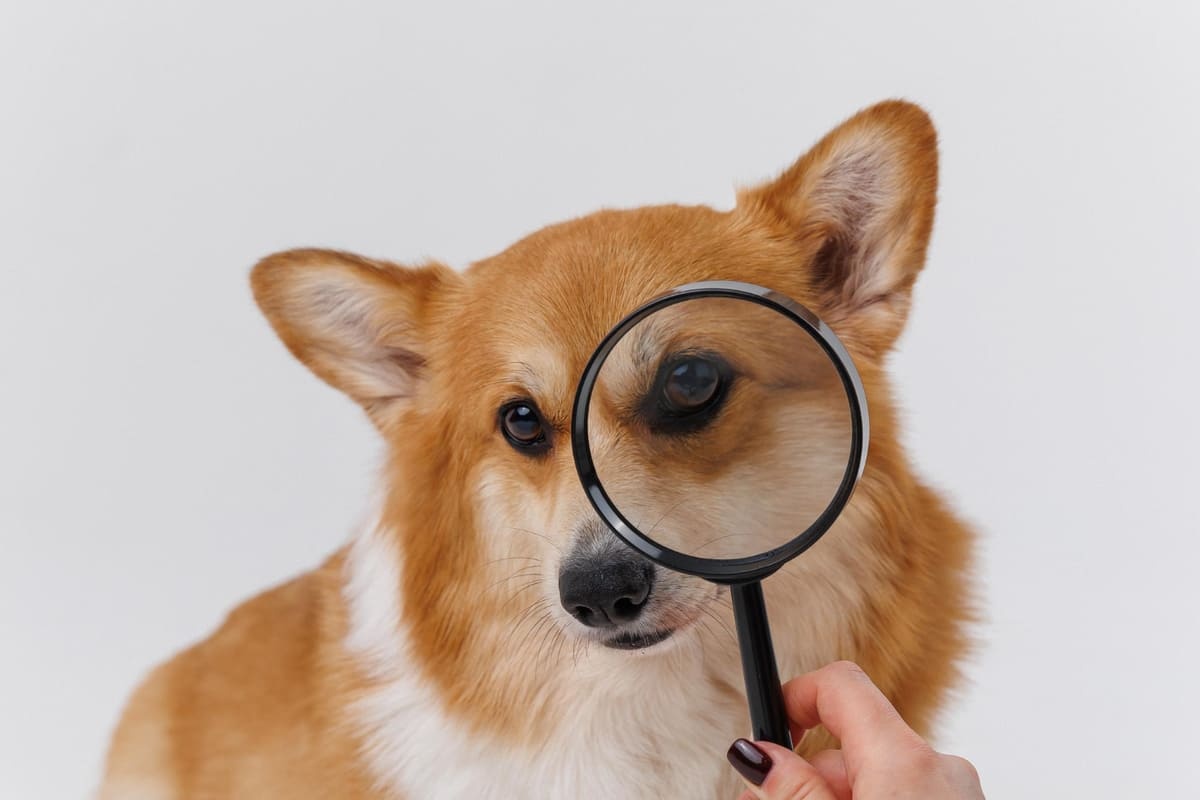 gözüne büyüteç yaklaşıtılmış köpek