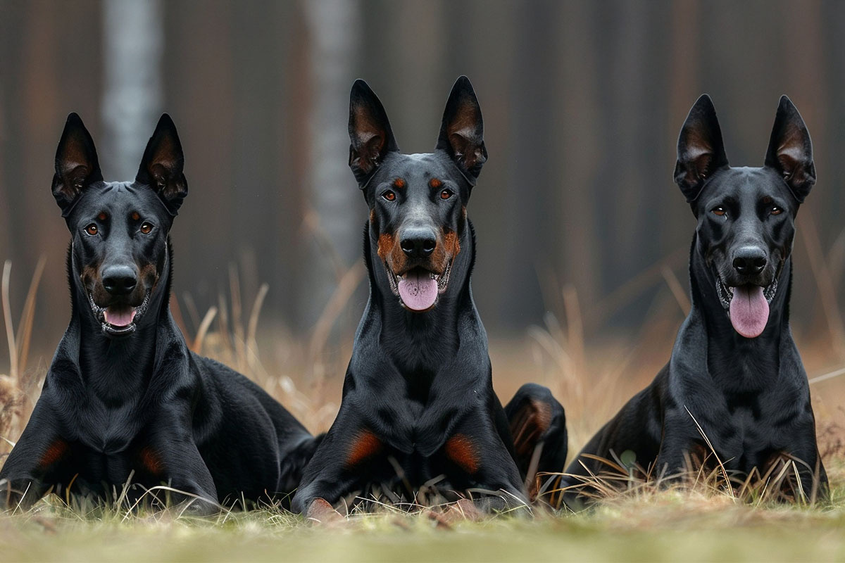 üç siyah doberman yan yana oturuyor
