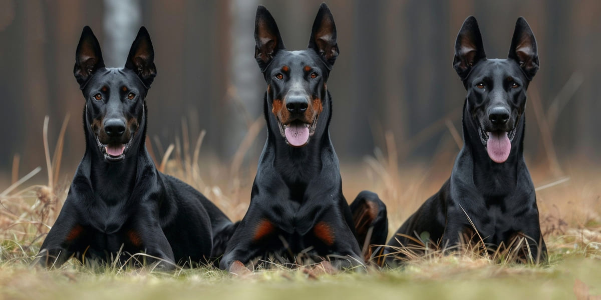 üç Doberman yan yana oturuyor