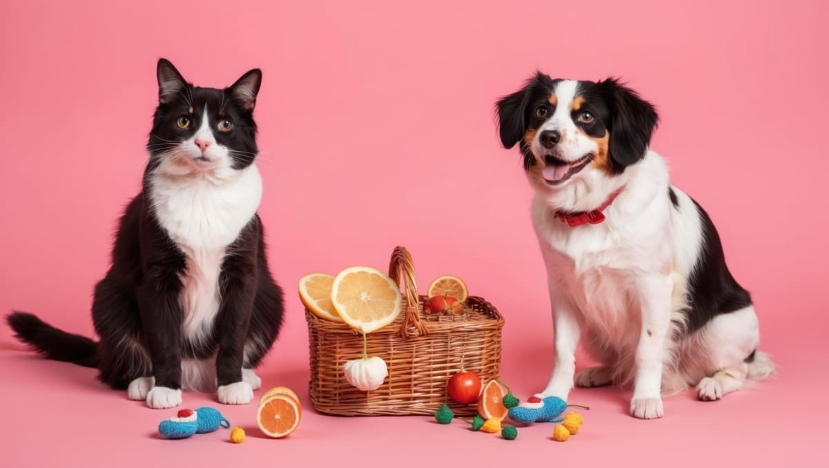 pembe arka plan önünde duran kedi ve köpek