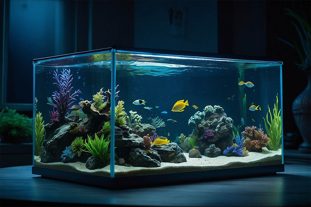 loş ortamda duran akvaryum ve akvaryum içinde yüzen balıklar