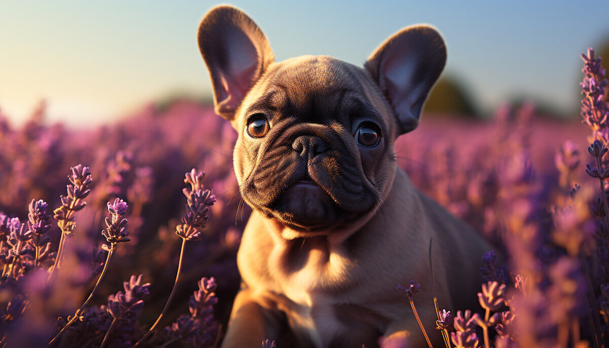 lavantalar arasında duran masum bakışlı yavru French bulldog