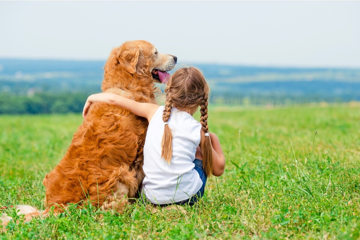 çimenlerde bir çocukla birlikte oturam köpek