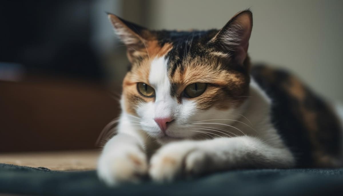 patilerini öne doğru uzatarak yatan kedi