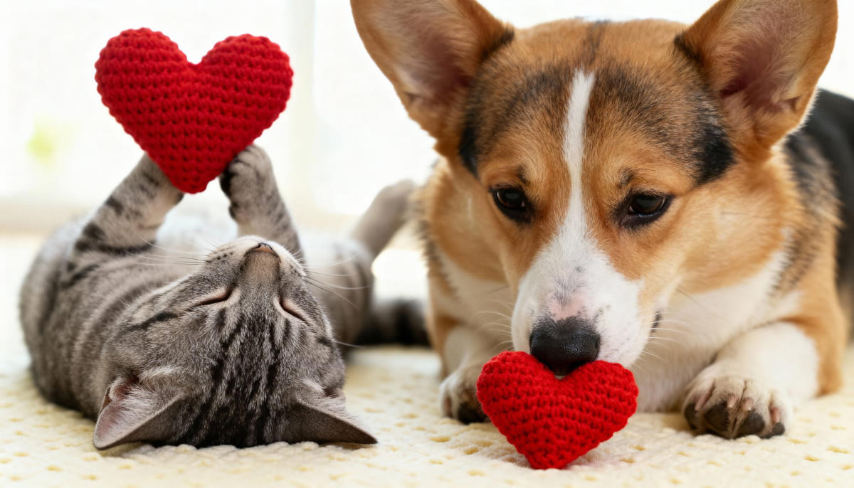 sırtüstü yatan kedi ve yüzüstü uzanan köpek. patilerinde kalp var