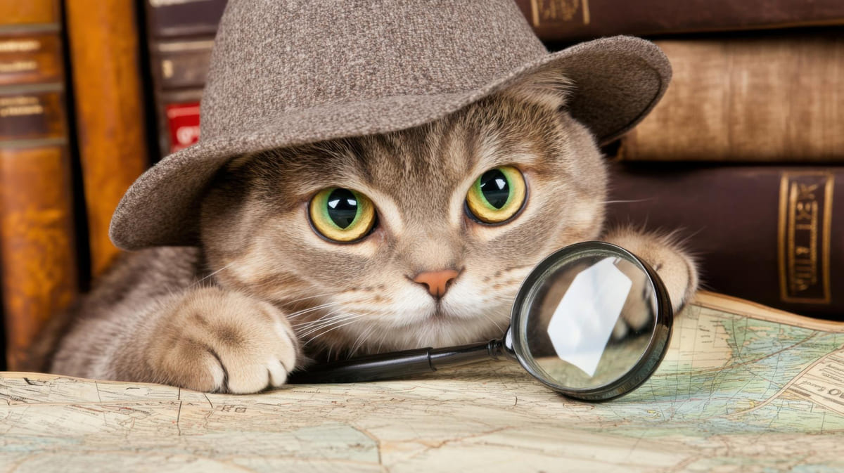 büyüteç önünde dünya haritasını inceleyen kedi