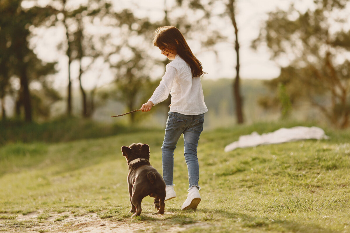 dışarıda oynayan çocuk ve yavru köpek