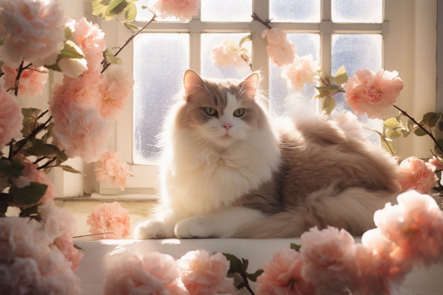 çiçekler arasında duran İran kedisi
