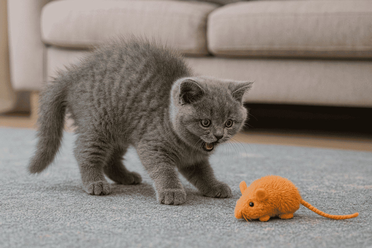 önünde turuncu oyuncak fare olan British Shorthair yavrusu