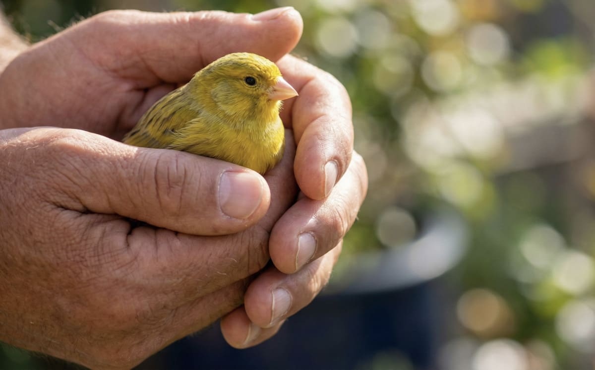 bir insanın avucunda durup dünyayı gözlemleyen güzel kanarya