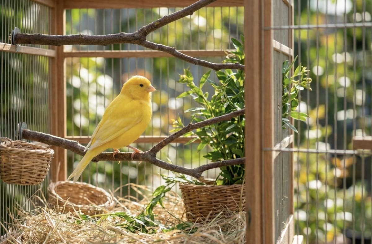geniş kafesindeki ağaç dalında duran kanarya