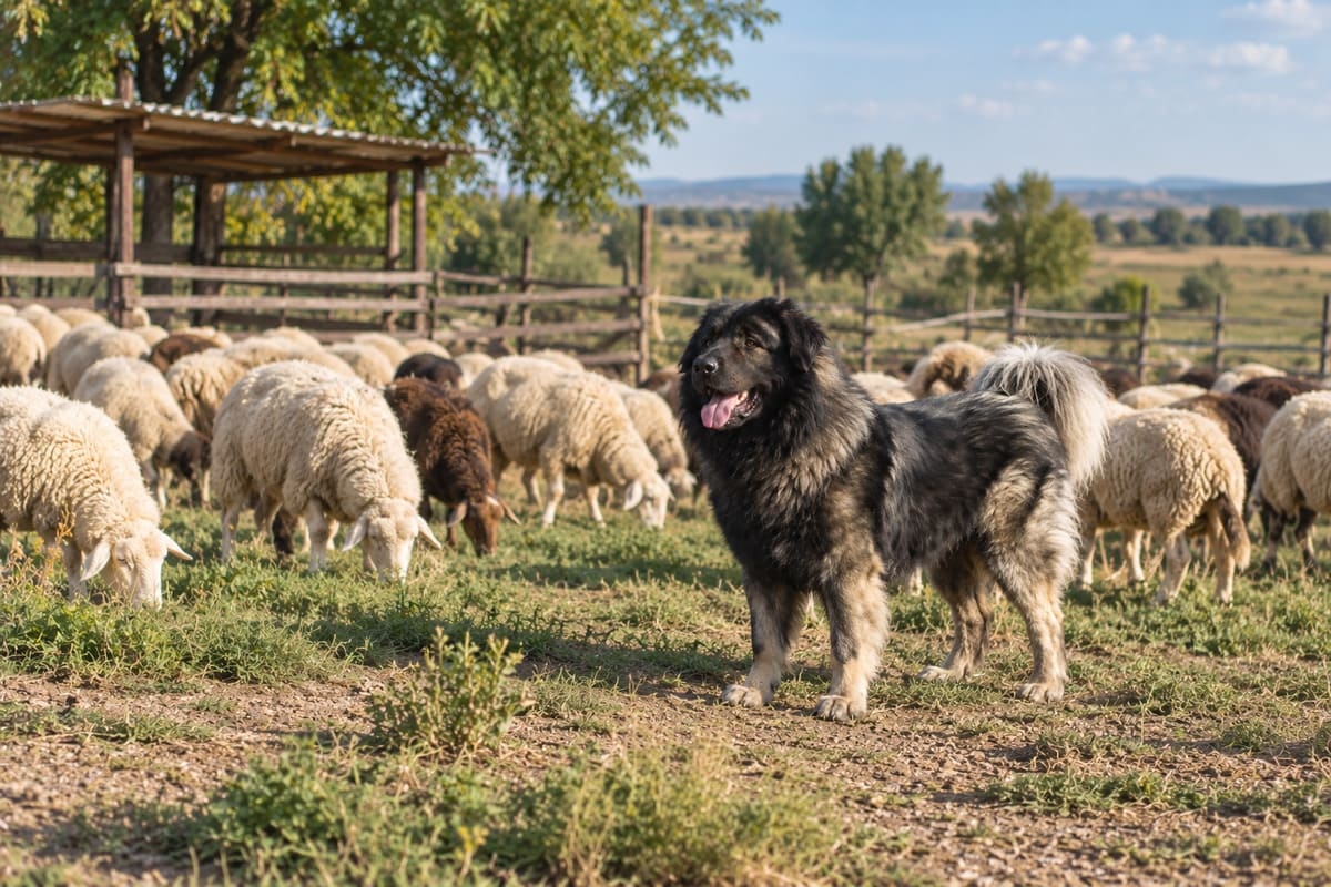 koyun sürüsünün yanında duran kars çoban köpeği