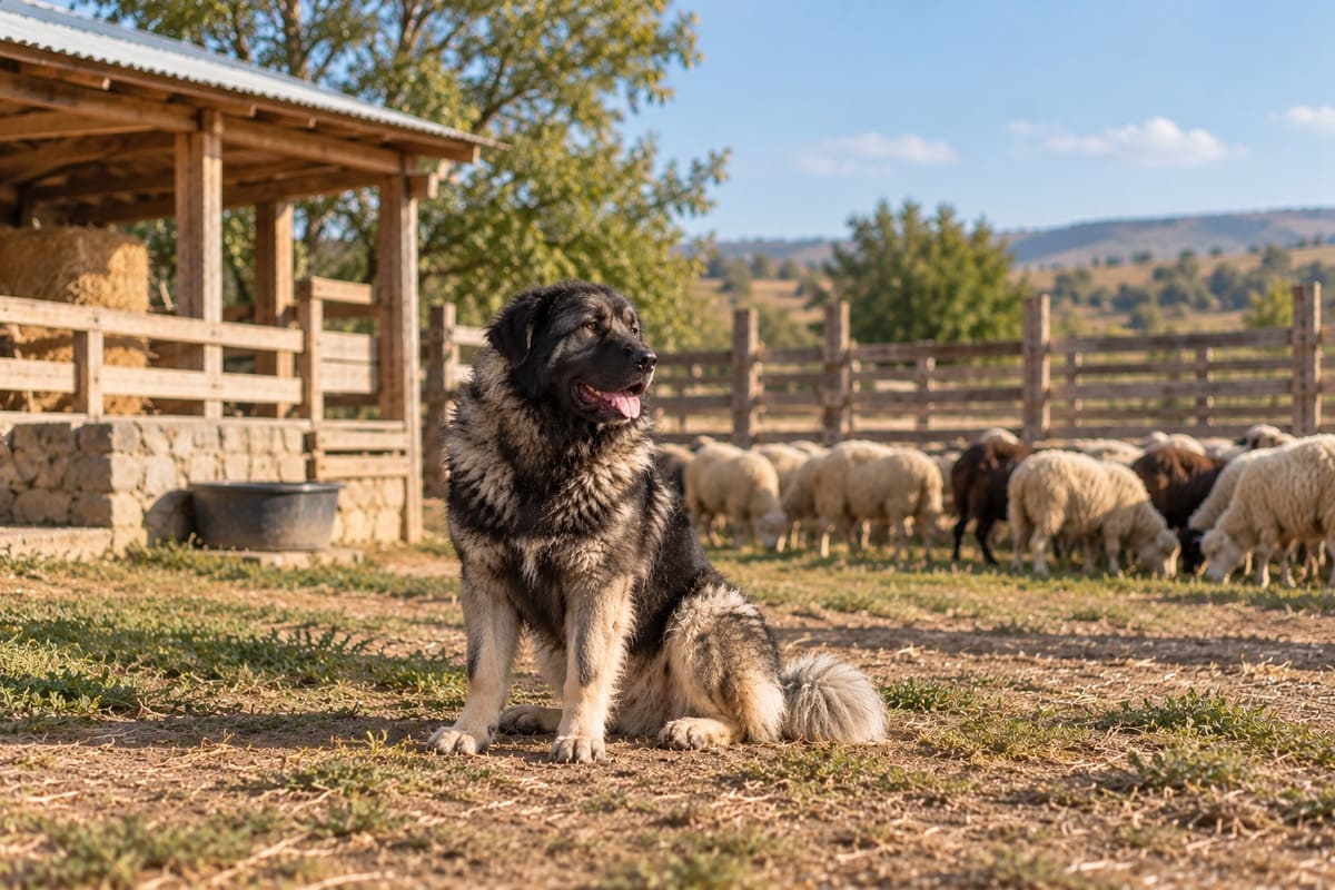 çitlerle çevrili alanda koyunların yanında oturan çoban köpeği