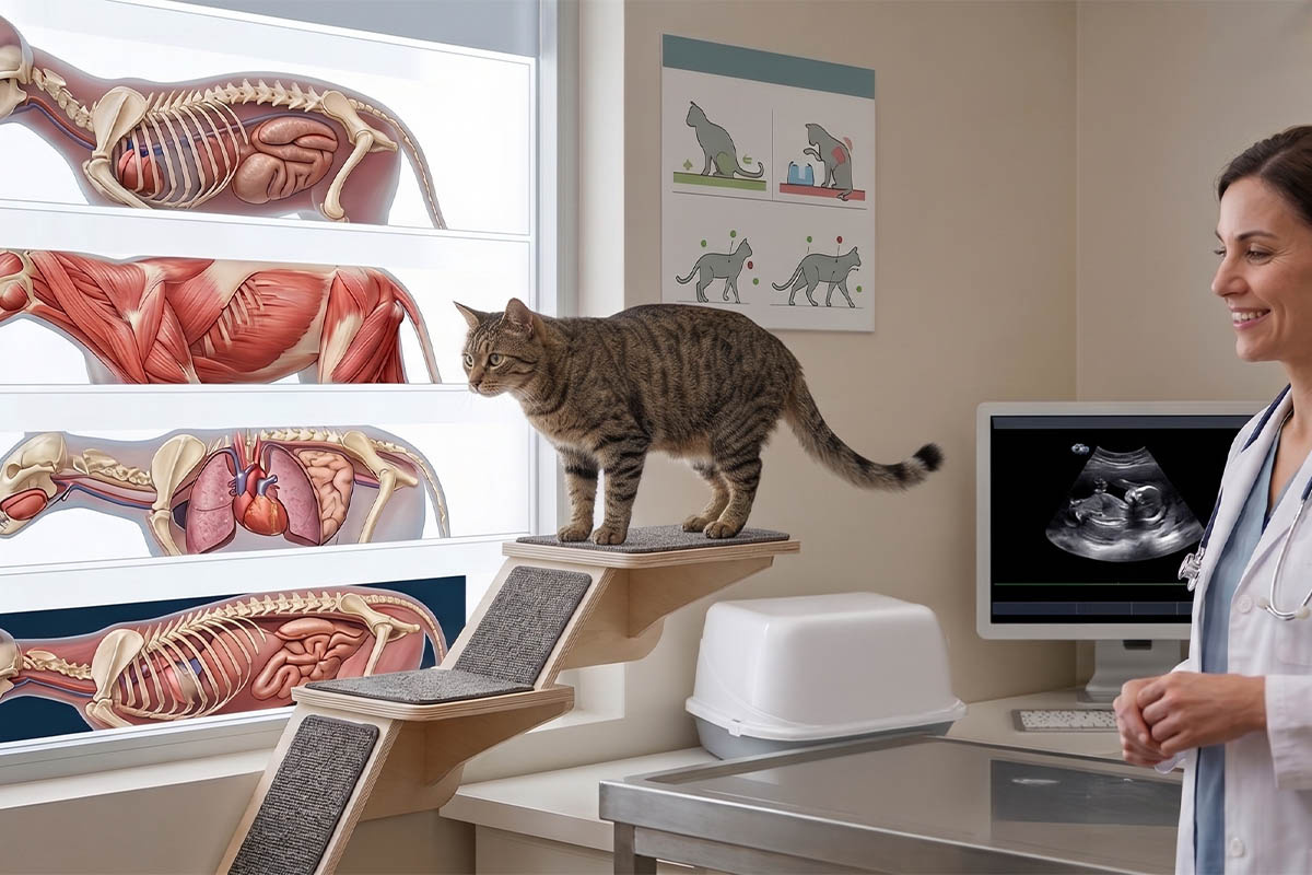 kedi anatomisi görsellerinin önünde duran kedi ve veteriner hekim