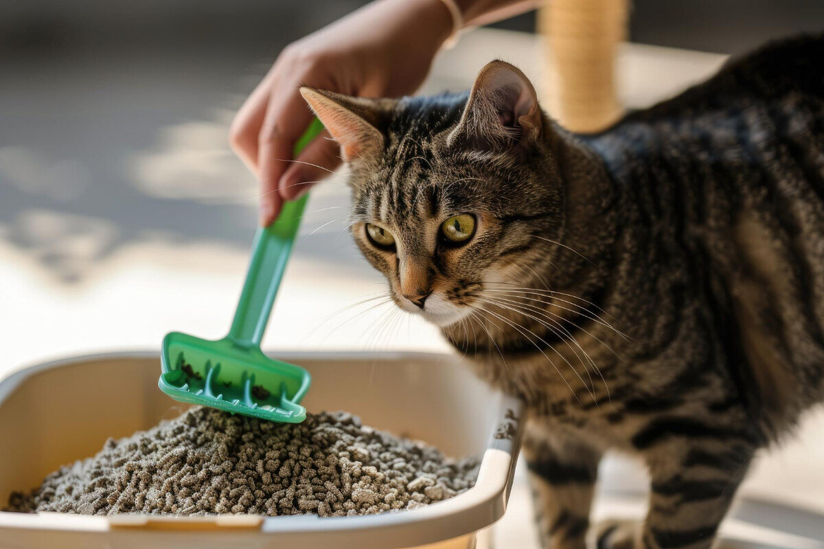 tekir kedi ayakta, tuvaleti yeşil bir kürekle temizleniyor