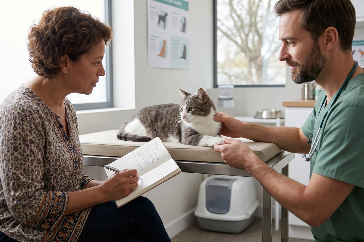 veterinerin yanında kedi ve sahibi