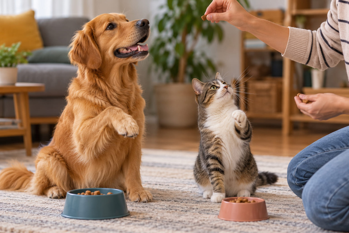 ödül maması verilen kedi ve köpek patilerini kaldırmış