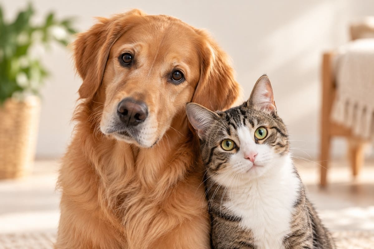kedi ve köpek yan yana, birbirlerine yaslanıp poz veriyorlar