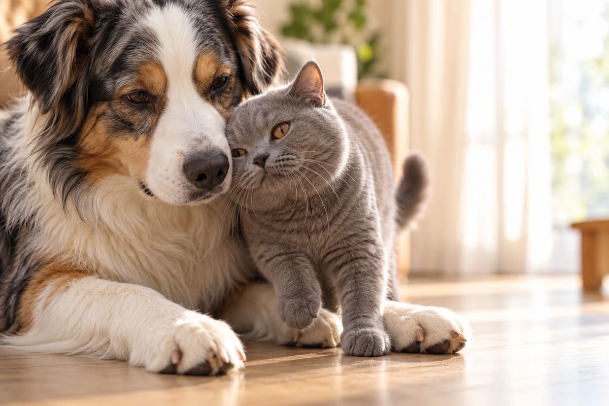 köpeğe kafasını sürten gri kedi