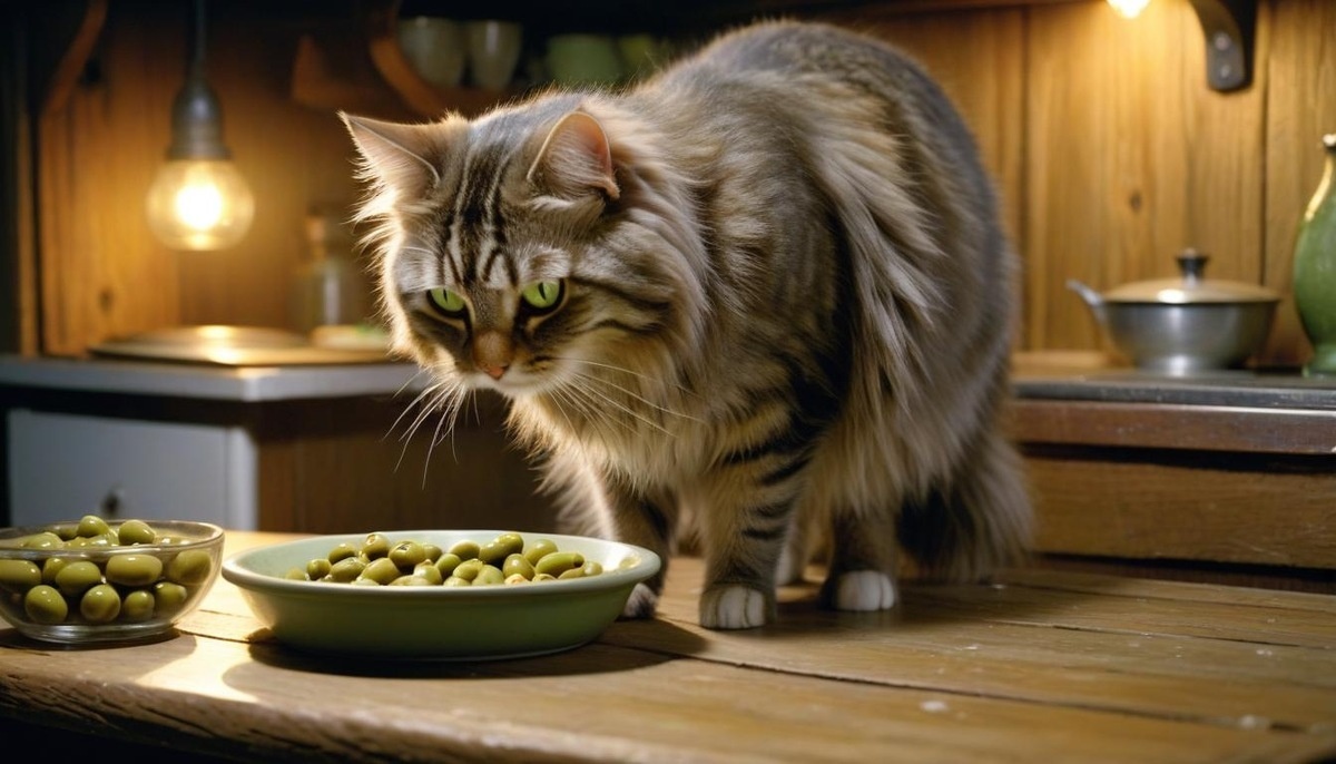 zeytin tabağına bakan uzun gri tüylere sahip kedi