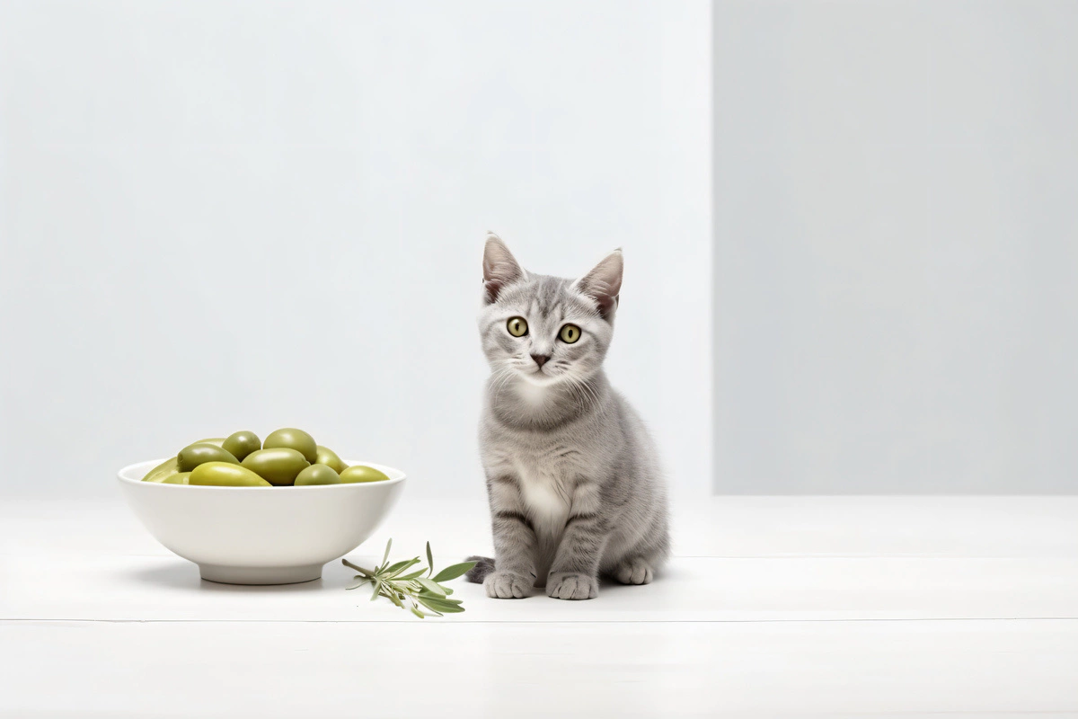 yeşil zeytin ile dolu beyaz bir kasenin yanında duran gri tüylü yavru kedi