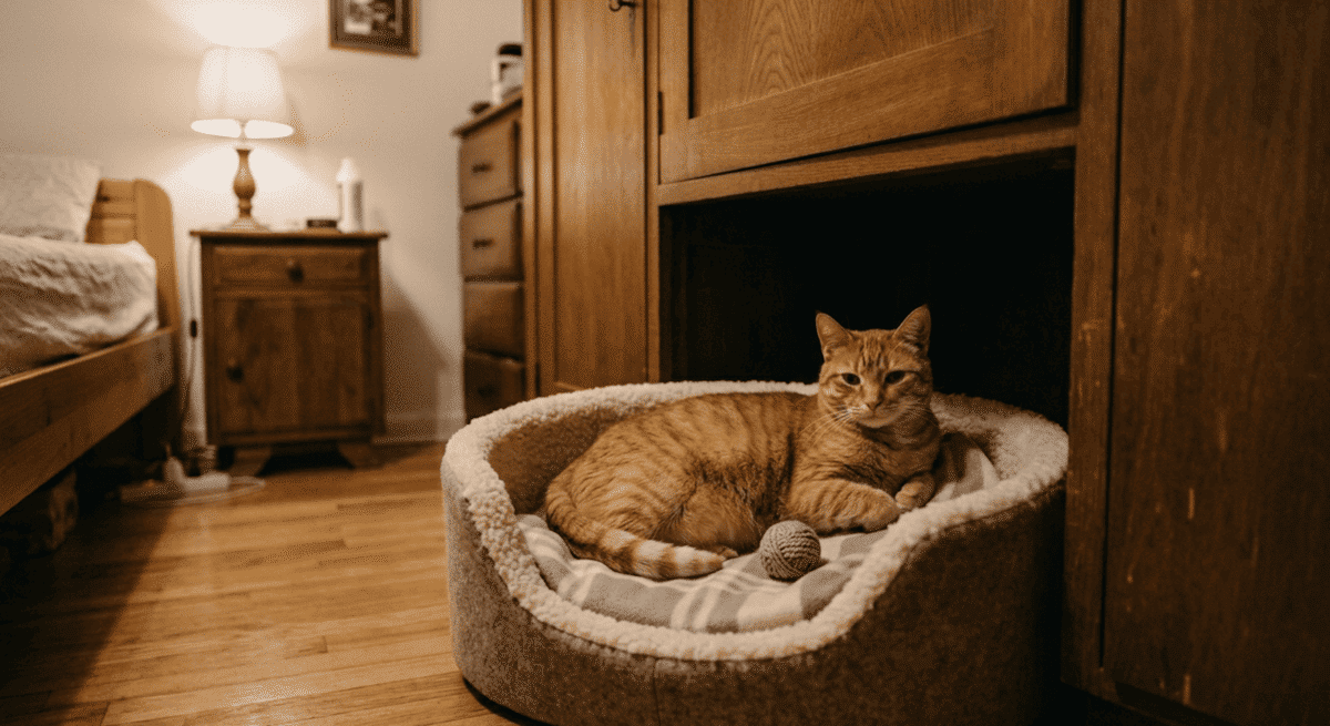 yatak odasında rahat bir yatakta yatan turuncu kedi
