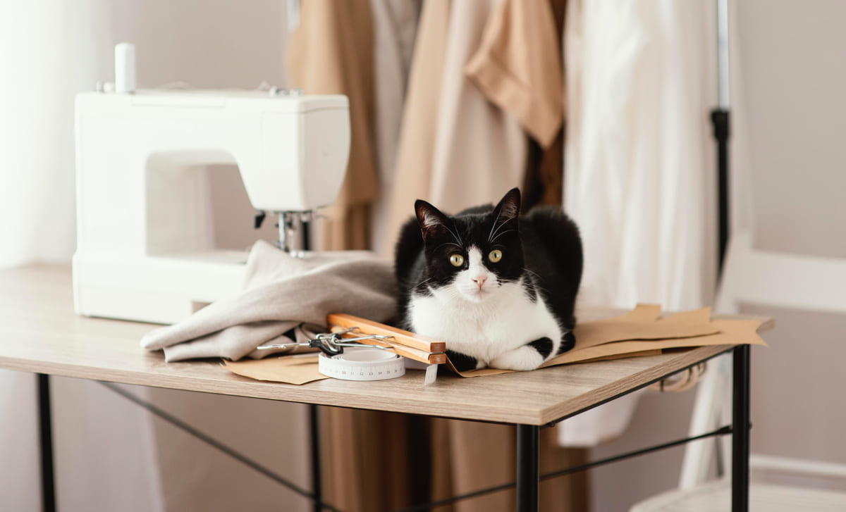 dikiş makinesinin yanına yatmış siyah beyaz kedi
