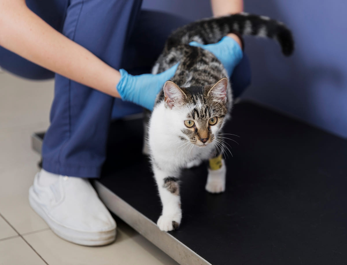 veteriner tarafından tartılan kedi