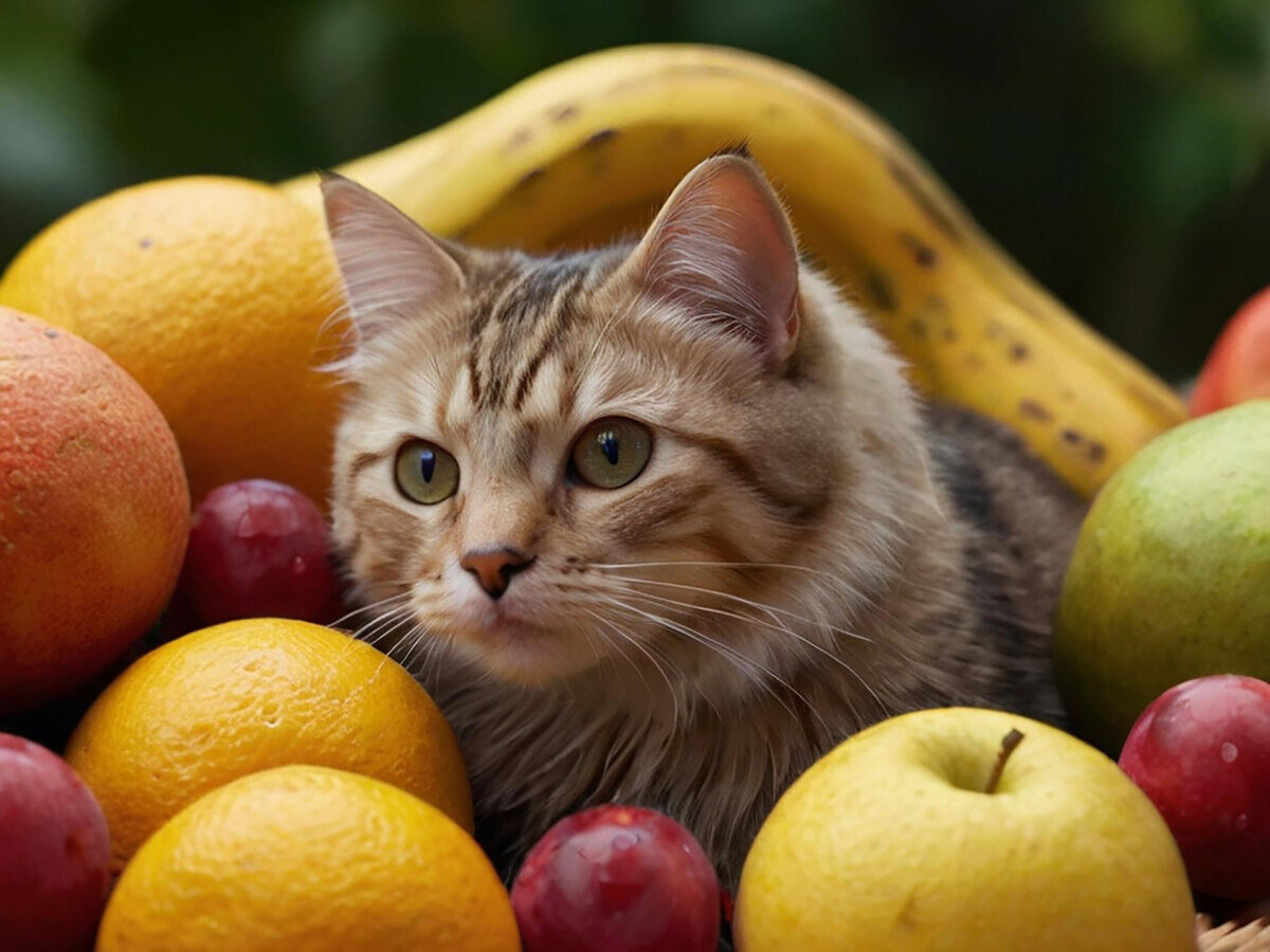 meyvelerin arasında duran kedi