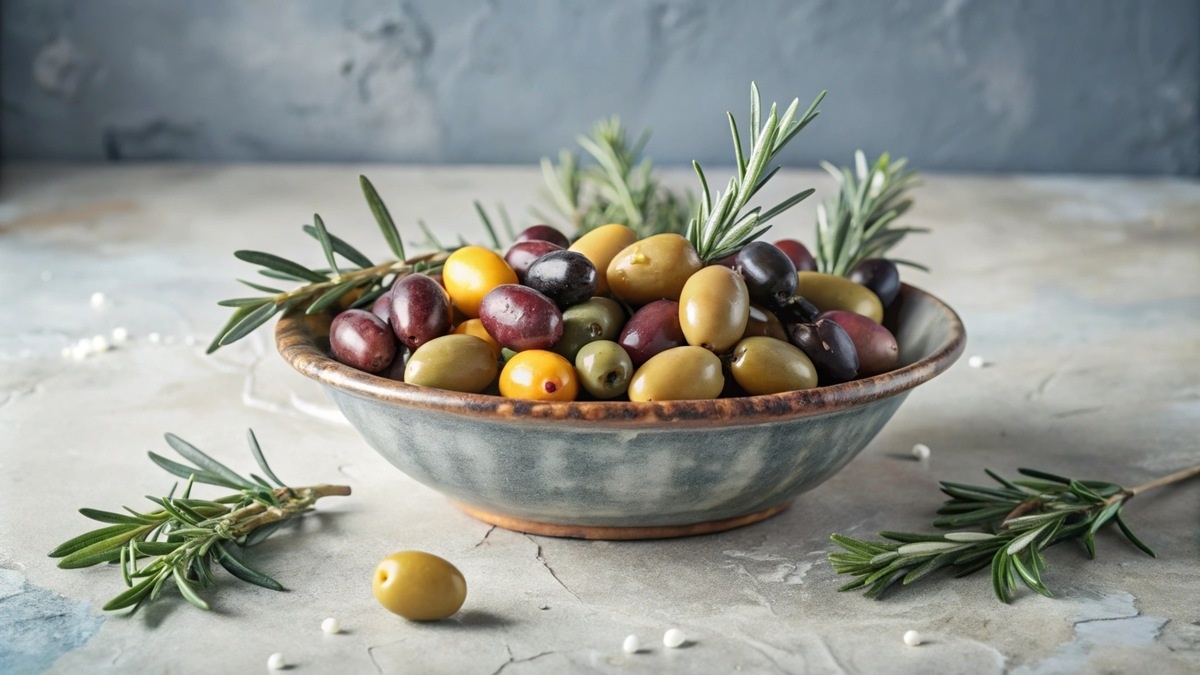  farklı türlerde bir tabak dolusu zeytin ve birkaç zeytin yaprağı