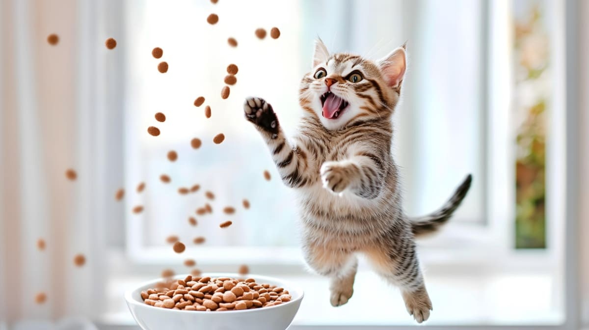 uçuşan mama tanelerine zıplayan yavru kedi