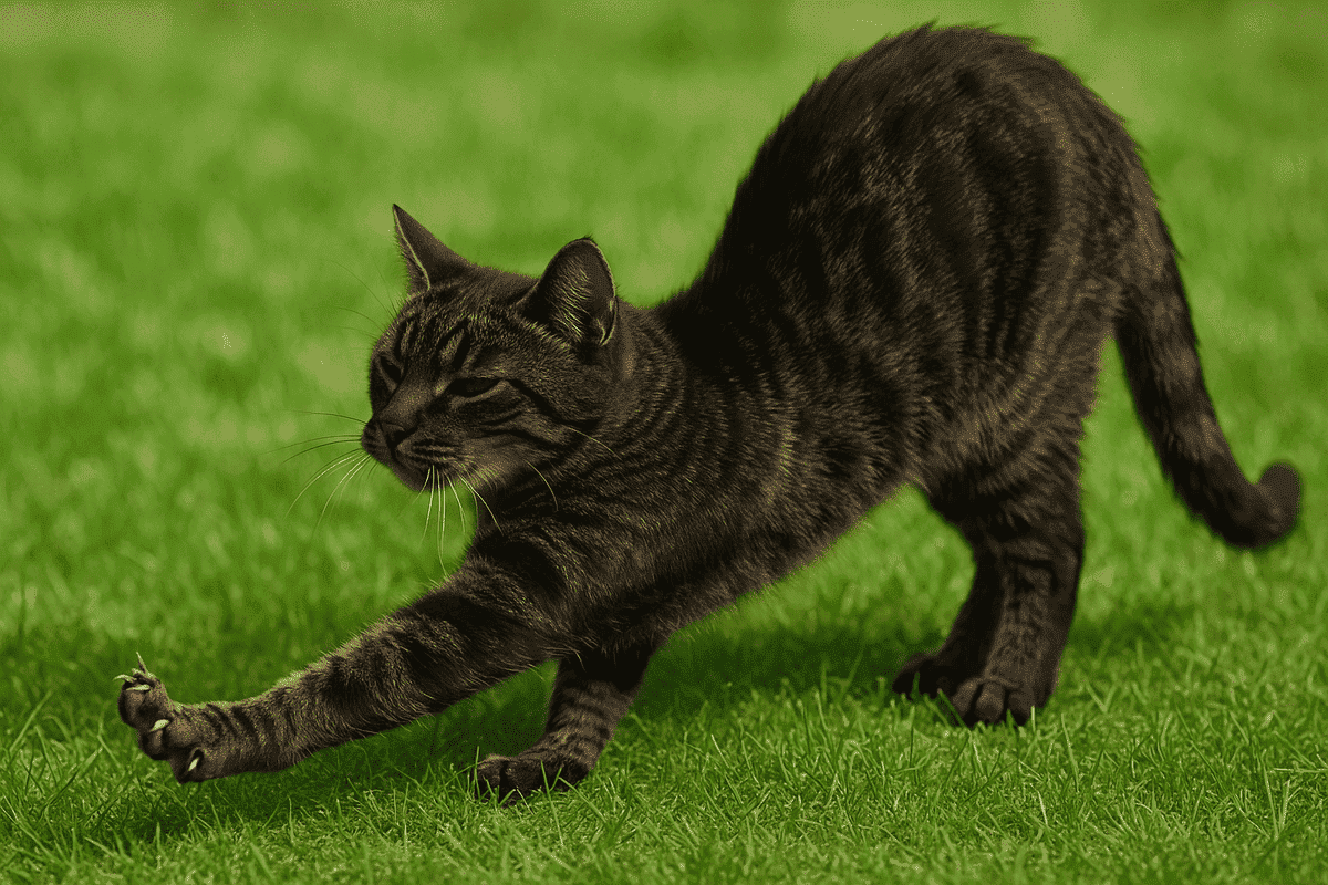 çimlerin üzerinde gerinen, sırtı kambur kedi