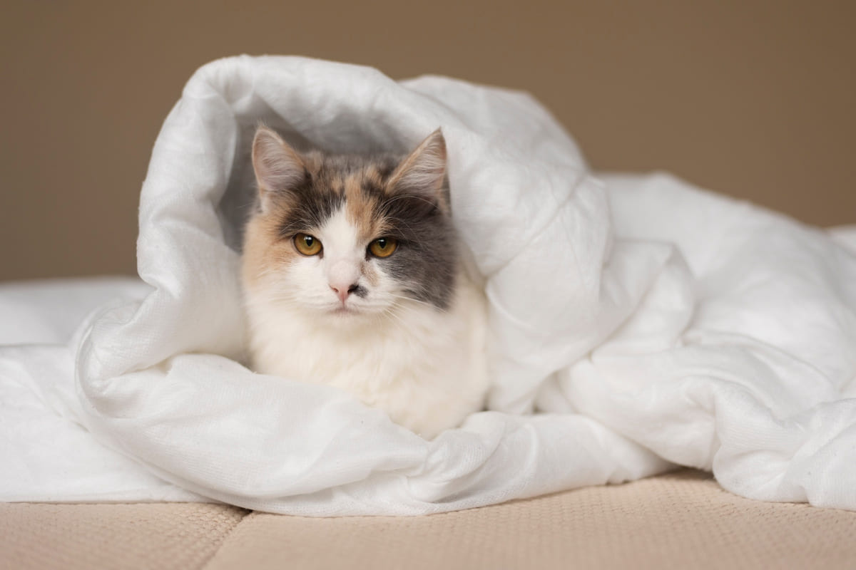 yorgana sarılı tekir kedi
