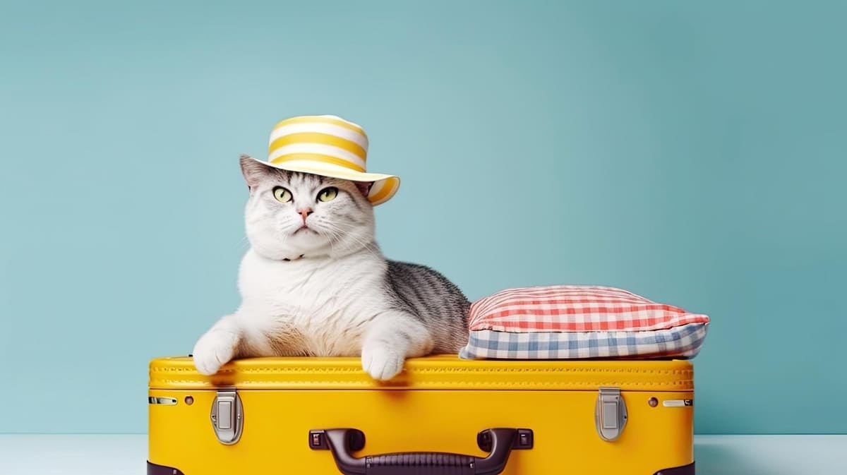valizin üzerinde oturan tatlı kedi