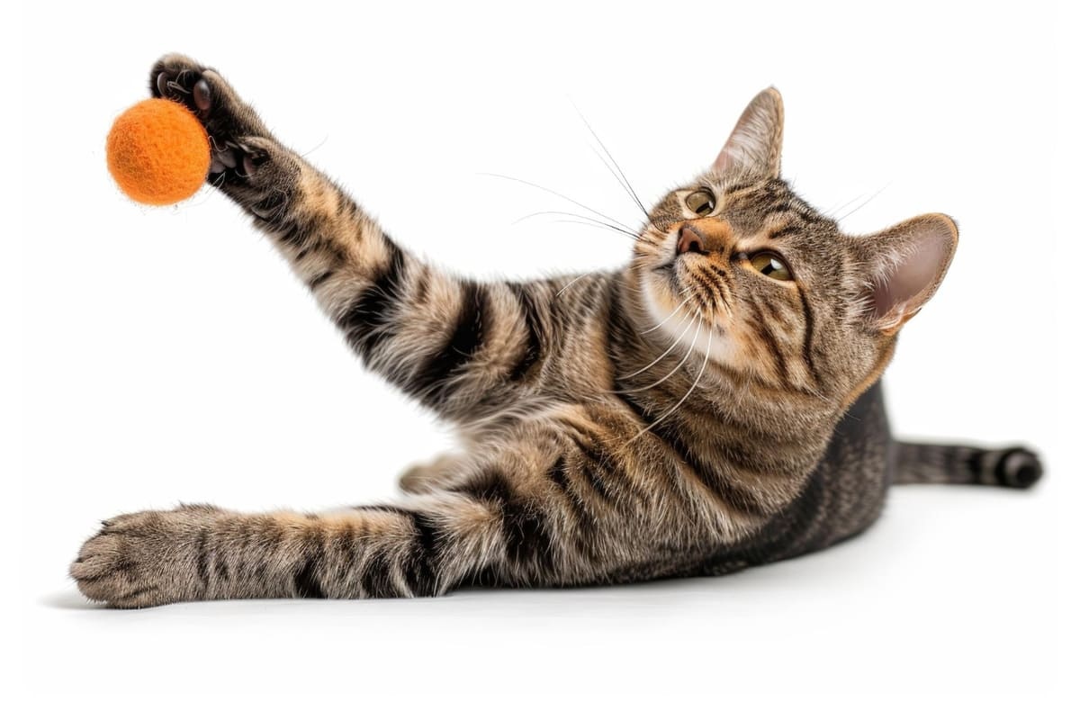 yerde yatarken turuncu topla oynayan tekir kedi