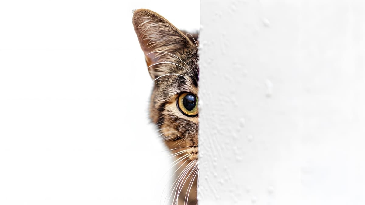 duvardan yüzünün yarısı görünen tekir kedi