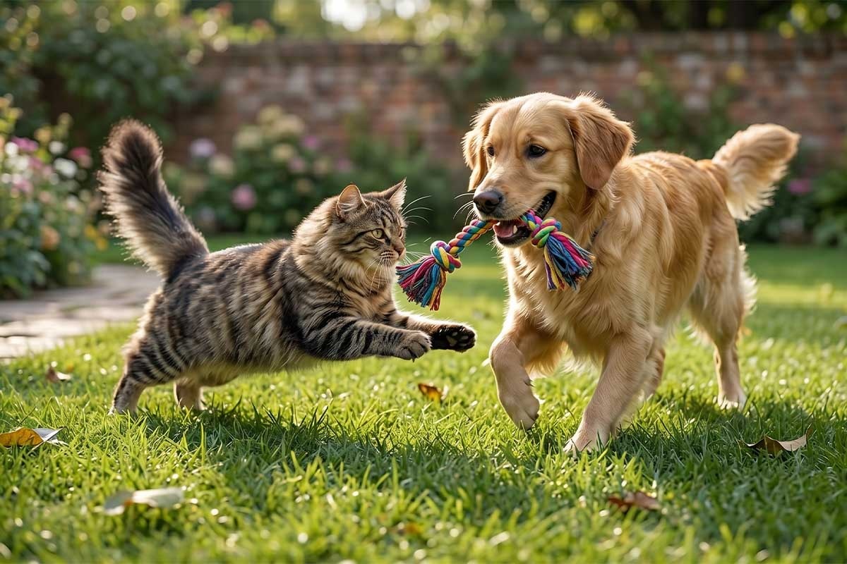 bahçede oyuncak iple oynayan kedi ve köpek