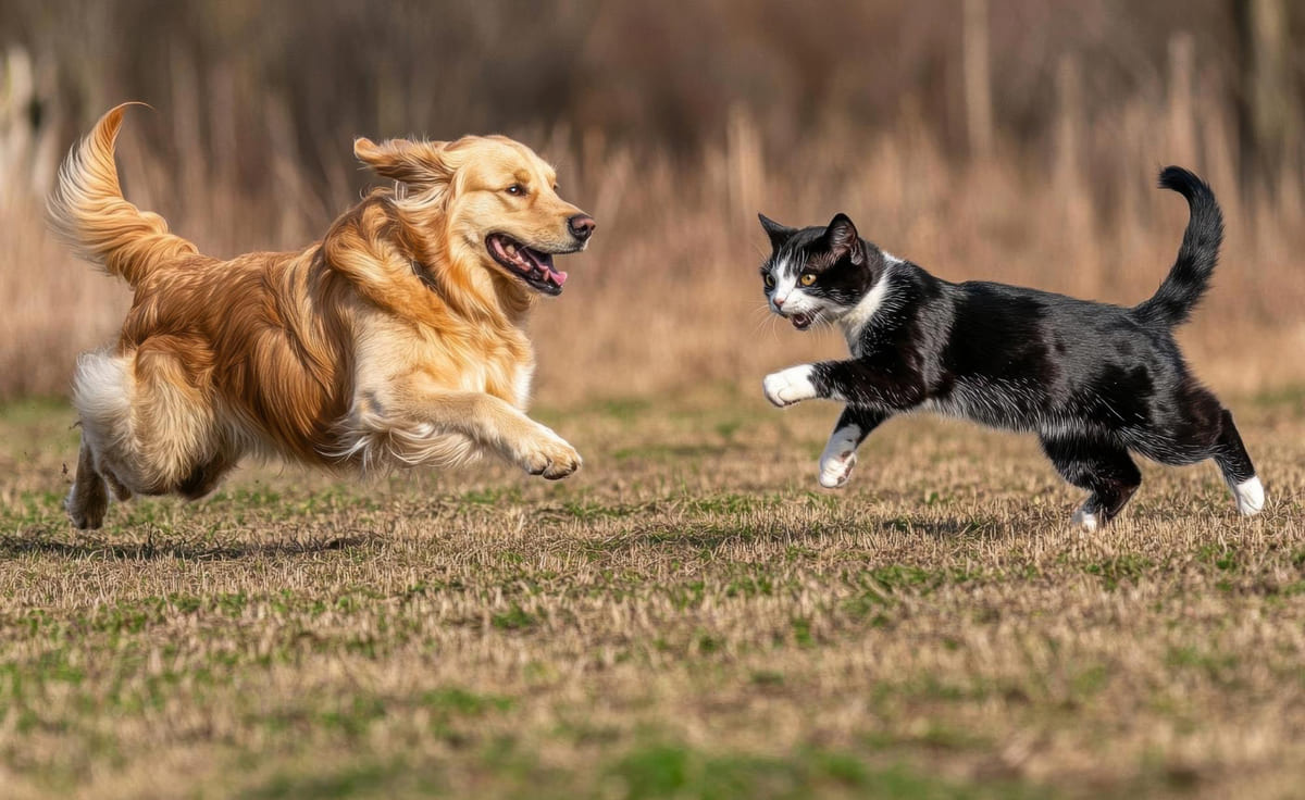 çimler üzerinde koşan golden ve siyah beyaz kedi