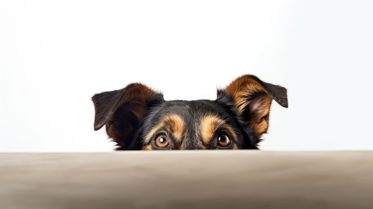 korkup saklanan, sadece gözleri görünen köpek