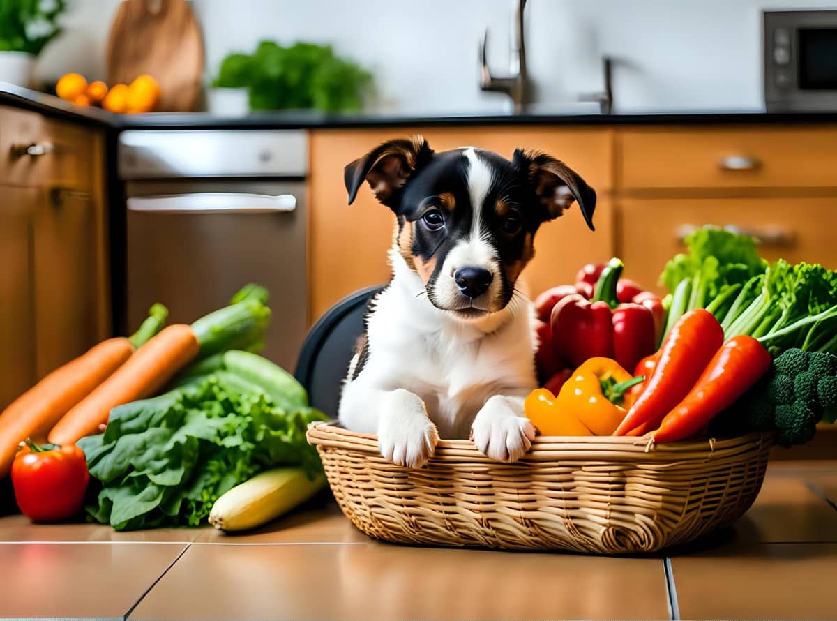 sebze dolu sepette oturan yavru köpek