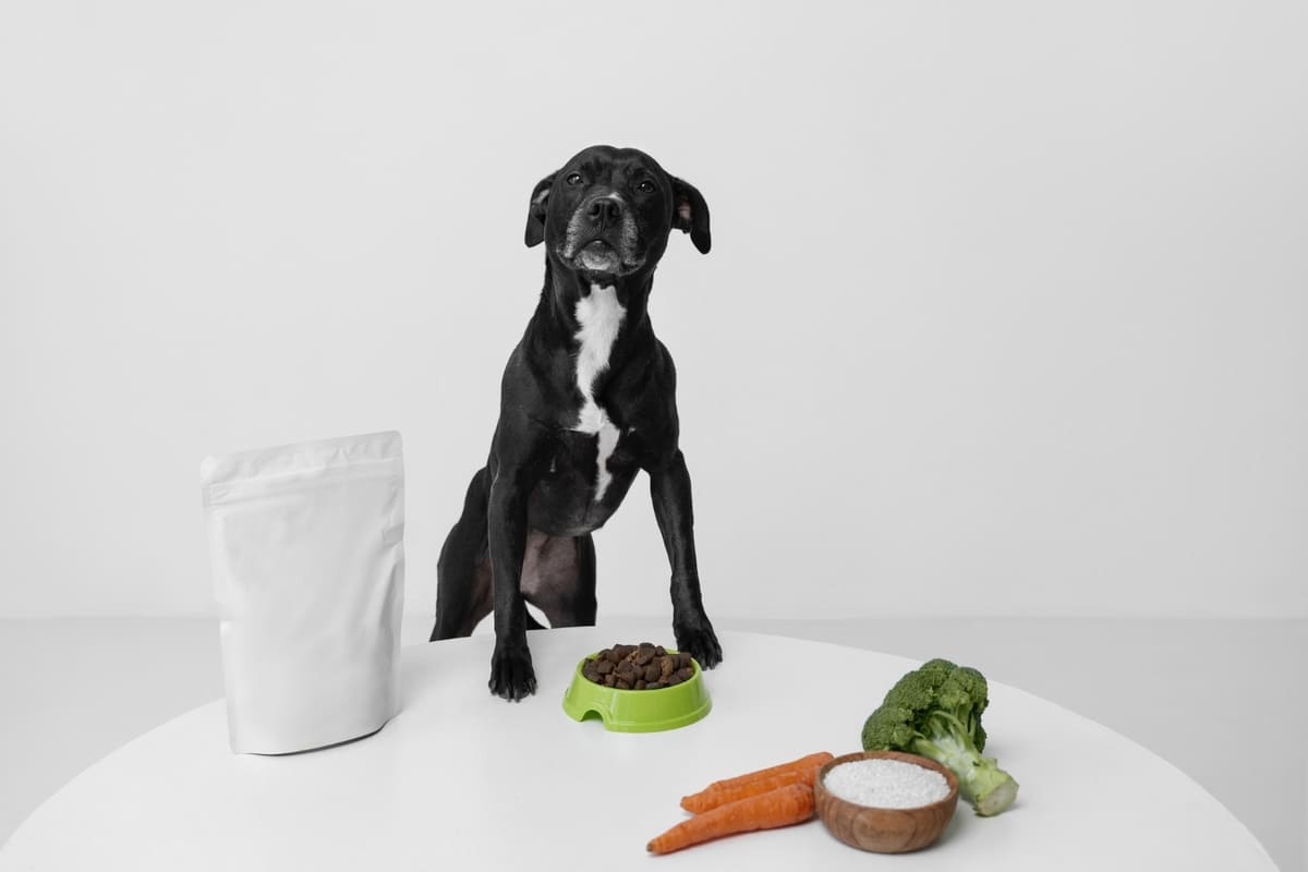 köpek maması ve sağlıklı sebzelerin olduğu masanın önünde duran siyah köpek